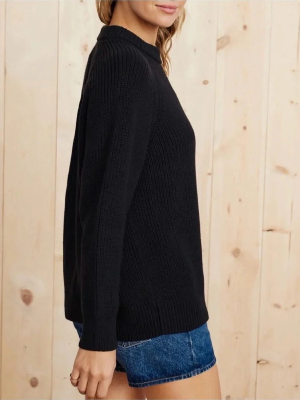 Jenni Kayne Fisherman Sweater Med Black Cotton Chunky Knit Crew Pullover Minimal